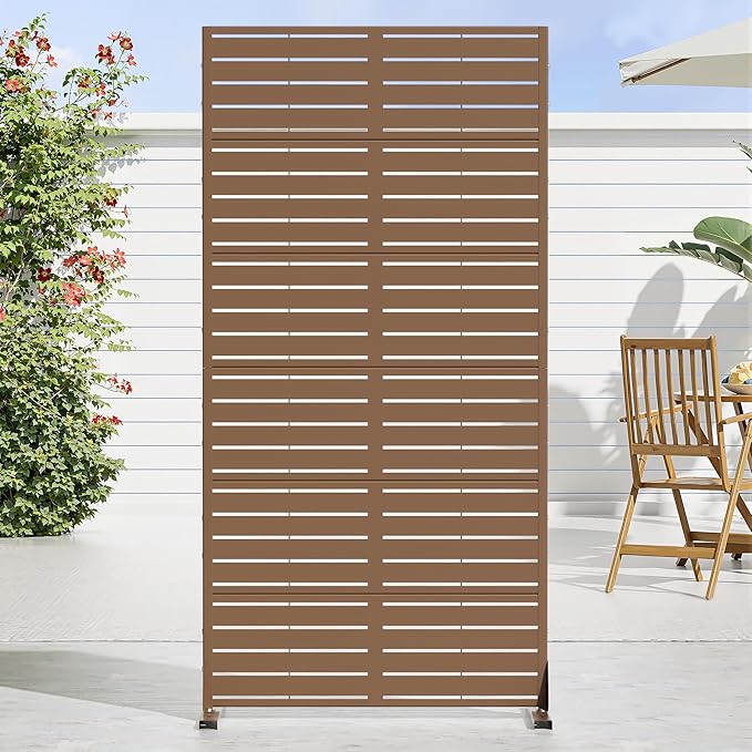 Casaphoria Metal Privacy Screen Outdoor, 72" H x 35" W Freestanding Decorative Privacy Screen for Patio Deck Balcony Garden with Stable Base, Brown-Louvered Casaphoria