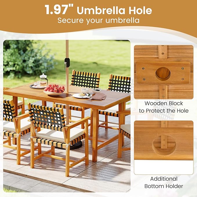 Tangkula 7 Piece Patio Dining Set for 6 People, 63” Outdoor Rectangular Acacia Wood Table with 1.97” Umbrella Hole & 6 Armchairs with Padded Seat Cushions, for Deck Yard and Poolside TANGKULA