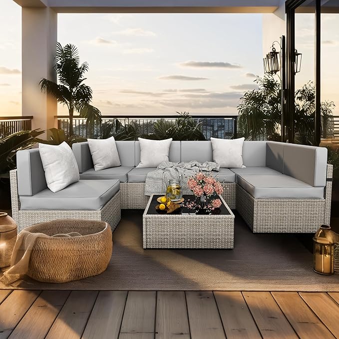 Pamapic 7-Piece Outdoor Sectional Furniture Set, All-Weather Wicker Patio Sofa with Washable Cushions, Gray Waterproof Rattan Conversation Set for Backyard, Poolside, Garden (Gray Cushions) Pamapic