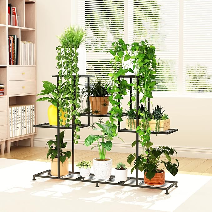 Twhep Metal Plant Stand, 5 Tiers Multifunctional Plant Stands for Indoor Plants, Decorative Black Steel Plant Shelf for Indoor Patio Garden Balcony and Yard (4 tiers 12 pots) Twhep