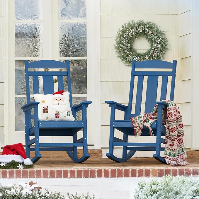 LUE BONA Outdoor Rocking Chairs Set of 2, Weather Resistant Poly Plastic Rocker Chairs, 350lb Heavy Duty, Oversized Porch Rocker for Adult, High Back Smooth Rocking Chairs for Outdoor & Indoor, Blue LUEBONA