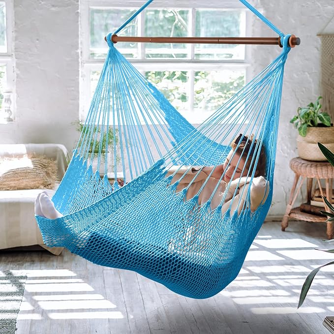 Upgraded Caribbean Hammock Chair with Detachable Metal Bar, Large Hammock Swing Chair, XL Rope Hanging Chair for Outdoor Indoor, 330 LBS Weight Capacity, DeepSkyBlue Bathonly