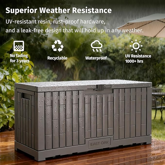 EAST OAK 120 Gallon Outdoor Storage Box | Large Resin Deck Box with Reinforced Stainless Steel Support | Waterproof & UV-Resistant Patio Storage Box for Cushions, Garden Tools & Pool Accessories, Grey EASTOAK
