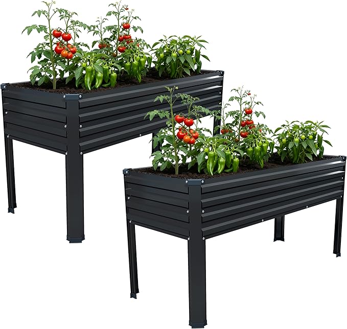 MGNO 2PCS Galvanized Raised Garden Bed Outdoor with Legs,48×18×32in Metal Elevated Raised Planter Box for Backyard, Patio, Balcony, 300lb Capacity,Black MGNO