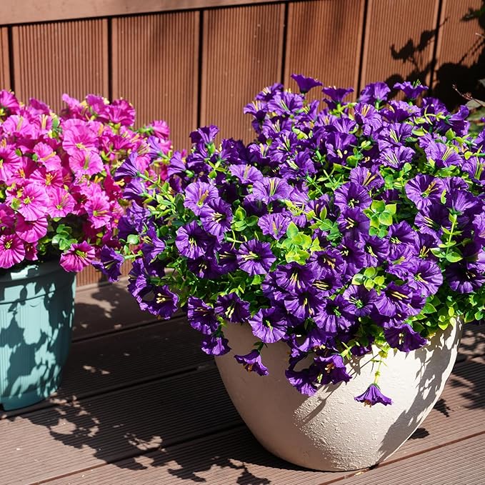 Artificial Flowers for Outdoors, UV Resistant Fake Silk Morning Glory, Realistic Faux Plants for Outside Porch Patio Window Box Hanging Planter (16, Purple) maxkes