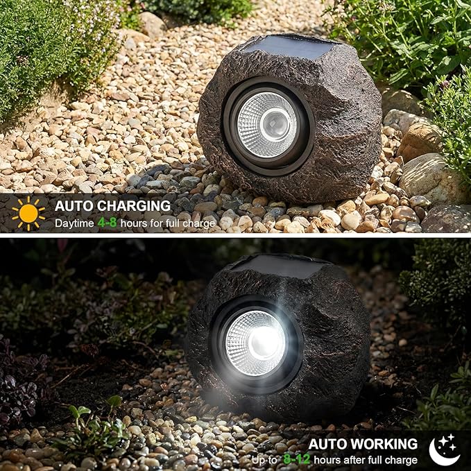 Solar Rock Lights Outdoor – 4 Pack Waterproof LED Landscape Garden Spotlights, Realistic Stone Design, Wireless Solar Powered Pathway Lights for Yard, Walkway, Patio & Lawn Decoration (Auto On/Off) VISFLAIR