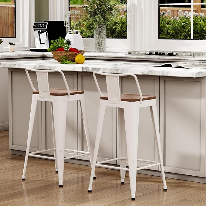 WENTMENT Metal Bar Stools Set of 2 Counter Height Barstools with Removable Back 26" Kitchen Bar Stools with Wooden Seat,Off White WENTMENT