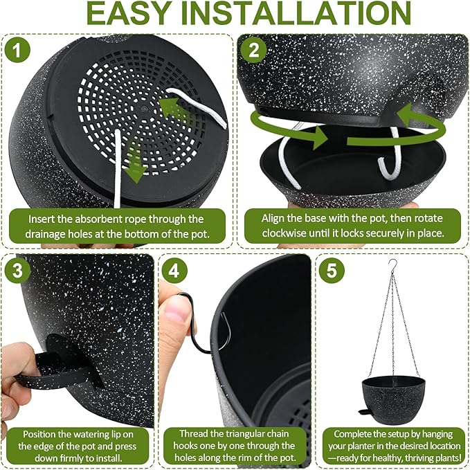 WOUSIWER Self Watering Hanging Planters, 2 Pack 12'' Plastic Pots with Drainage Holes & Reservoir Tray (Speckled Black) | Indoor & Outdoor Use for Ferns, Ivy, Herbs, Succulents WOUSIWER