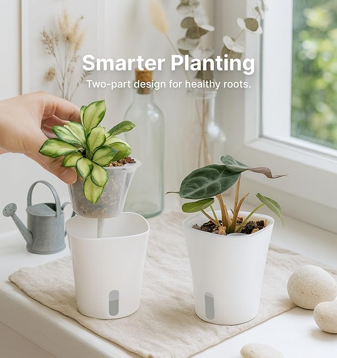10 Pack 3" Self Watering Pots for Indoor Plants, Clear Inner Cup, Small White Plastic Planters, Water Level Indicator, Drainage Holes, Extra 3ft Wick, Cuttings,Seedlings,Herb,African Violet Vandorelle