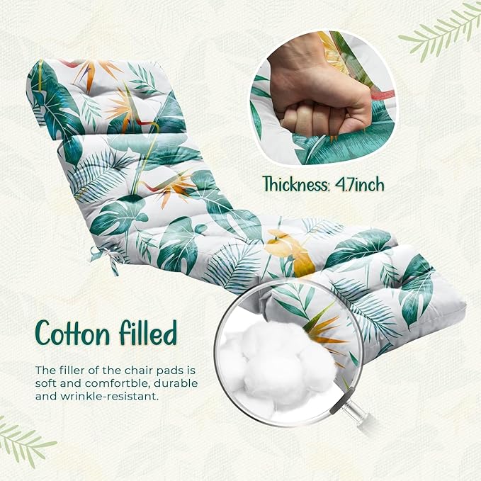4 Pack Outdoor Chaise Lounge Chair Cushion 75.1 x 22.8 x 4.7 Inches 100% Waterproof Replacement Cotton Patio Pool Lounge Chair Cushion for Outdoor Furniture with Ties,Yellow-Green Leaf Uthem