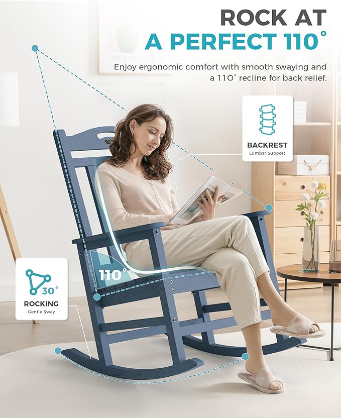 Ciokea Oversized Outdoor Rocking Chairs Set of 4, 380lbs Heavy-Duty Large Patio Rocker, High Back Cozy Porch Chairs, Weather Resistant Patio Rocking Chairs for Outside, Fire Pit, Deck, Slate Blue CIOKEA