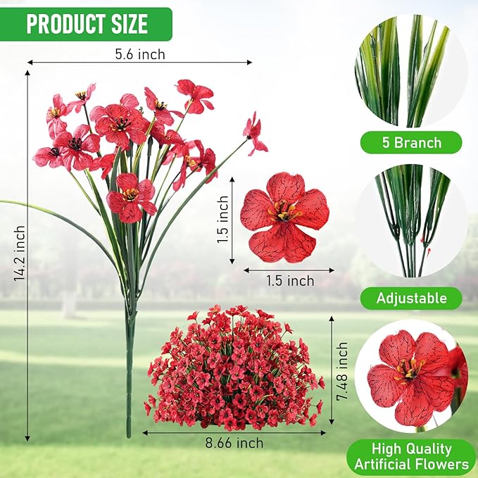 22 Pack Artificial Flowers Outdoor Fake Plants, Faux Flowers UV Resistant with Plastic Plants, Faux Silk Flowers for Outdoors Outside Front Porch Hanging Planter Window Box Garden Decoration(Red) Powbrace