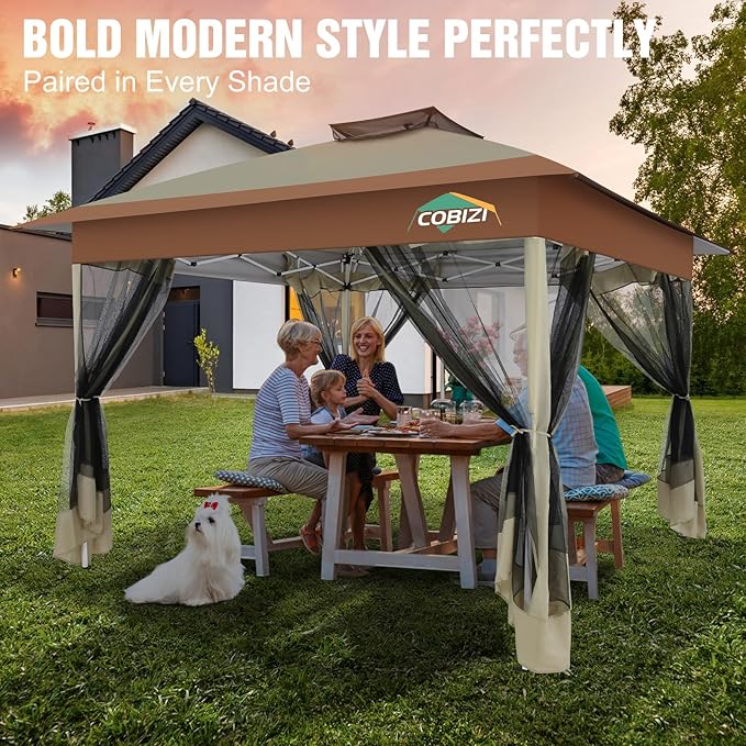 COBIZI Gazebo 13x13 Pop Up Canopy, Gazebos on Clearance - Canopy Tent with Mosquito Netting for Lawn, Garden, Backyard & Patio - Carpas para Patio- Water Resistant and UPF50+ (Khaki) COBIZI