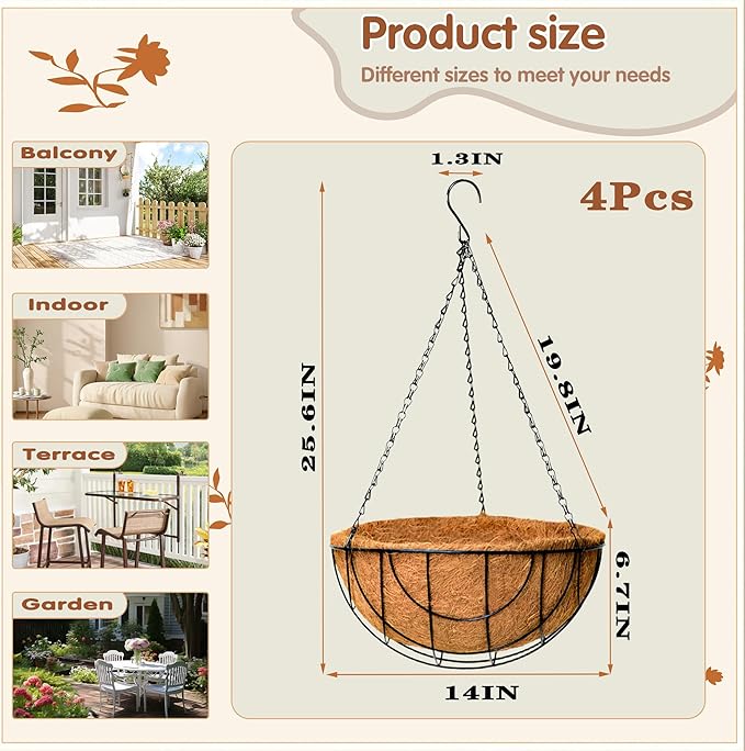 14 inch Metal Hanging Baskets For Plants Outdoor 4 Pack Round Metal Wire Hanging Basket Planter with Coco Fiber Liners Plant Holder for Garden, Patio, Deck, Porch Plants Flower Potss Outdoor(Grid) JFFLYIT
