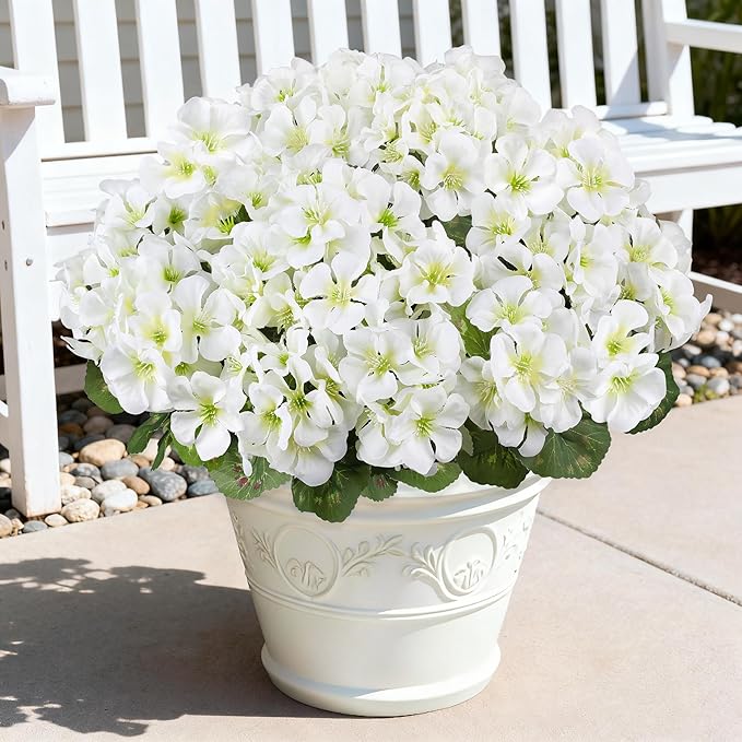 Artificial Geranium Flowers for Outdoors, 6 Bundles Realistic Silk Fake Geranium, No Fade Faux Plants for Hanging Baskets, Window Boxes, Pots - Porch, Patio, Balcony Decor(White) AmberFun