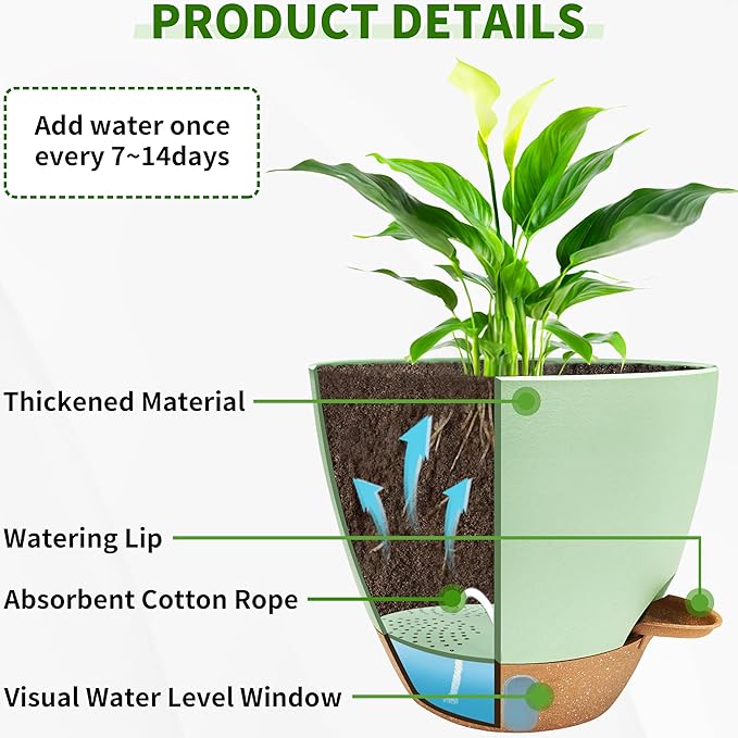 12/10/9/8 inch Self Watering Pots with Visual Water Window, Extra Large Self Watering Plant Pot with Drainage Holes and Saucers, Green Flower Pots for Indoor Plants SORANGEUN