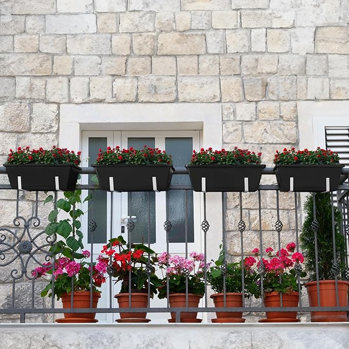 smusei Railing Planter Box 4 Pack Window Boxes Planters with Flower Box Brackets, 17’’ Rectangle Balcony Deck Railing Hanging Planters for Outdoor Fence Garden Patio Plants smusei