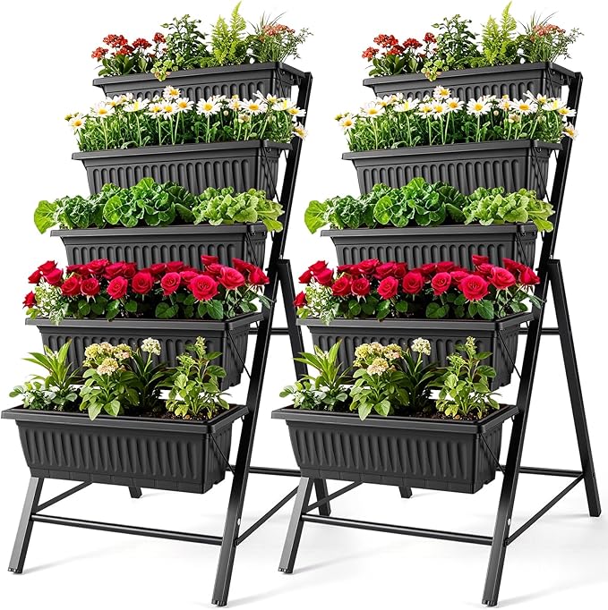 SEJOV 2 Pack Vertical Raised Garden Bed, 5 Tiers Elevated Planter Box for Herbs Vegetables Flowers, Graden Vertical Planter with Drainage System for Patio Balcony Garden Outdoor Indoor Plants, Black SEJOV