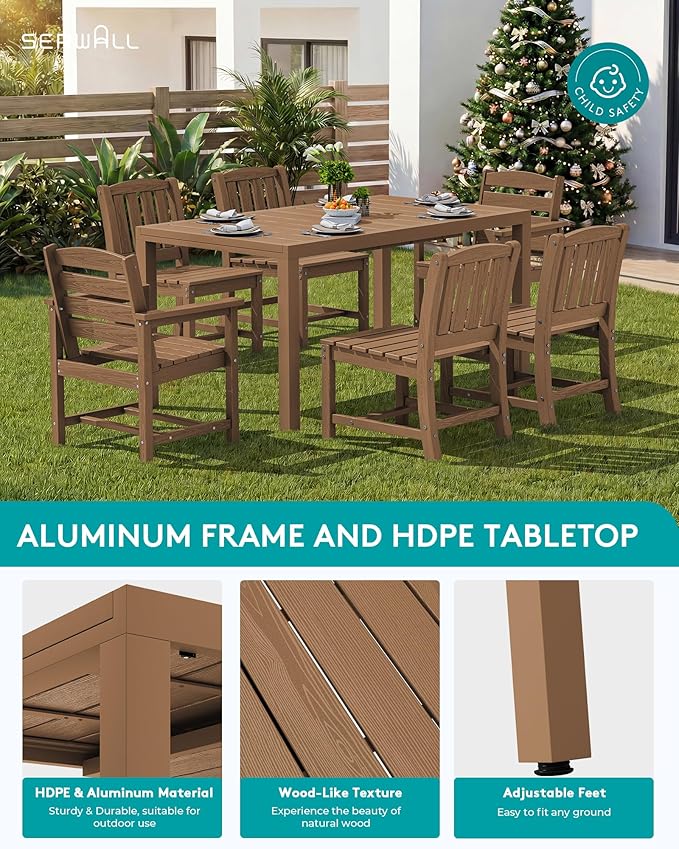 SERWALL 7-Piece Outdoor Dining Set, 60" - 83" Expandable Outdoor Dining Table and 6 HDPE Chairs, All Weather HDPE Outdoor Furniture Set for Backyard, Garden, Brown SERWALL