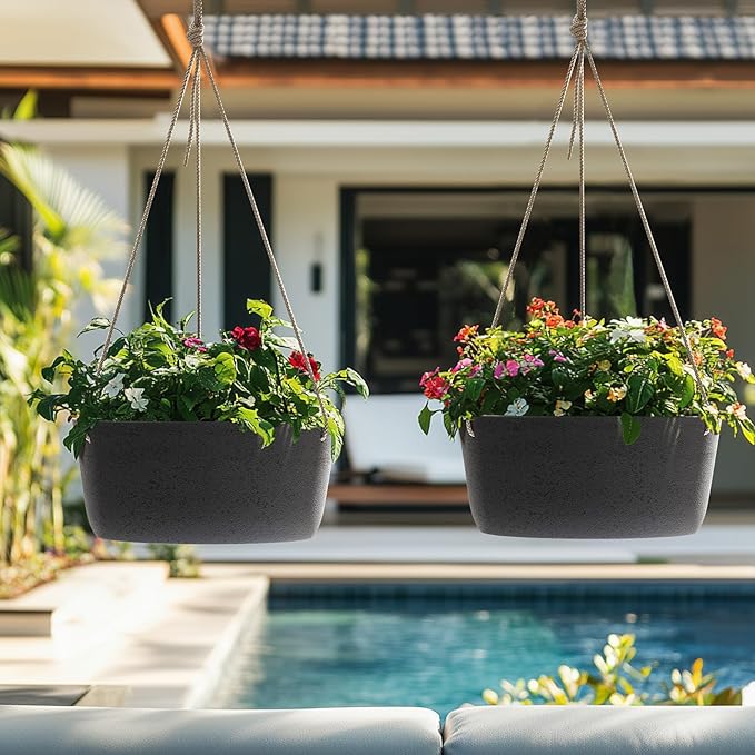 La Jolie Maison Large Hanging Planters - 12 Inch Outdoor Flower Pots, Hanging Garden Planters Set of 2, Black Charcoal LaJolieMaison