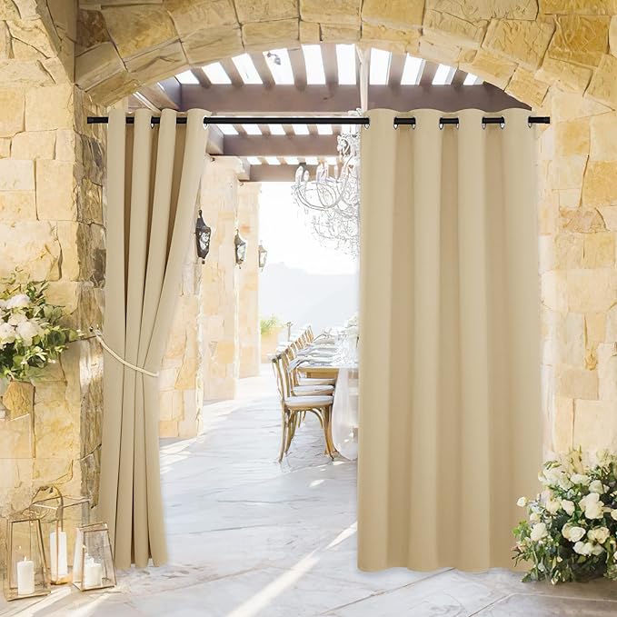 RYB HOME Outdoor Curtains for Patio Waterproof Block Sunlight Thermal Insulated Privacy Assured Thick Outside Curtains for Pergola, Cabana, Gazebo, W52 x L72, Biscotti Beige, 1 Panel RYBHOME