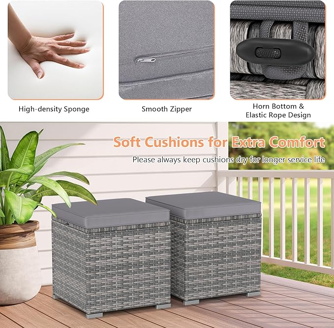 Tangkula 2 Pieces Patio Ottomans, Patiojoy Hand-Woven PE Rattan Side Table with Removable Cushion & Hidden Storage Space, Multifunctional Storage Box, Seat for Patio, Backyard, Poolside (Light Grey) TANGKULA