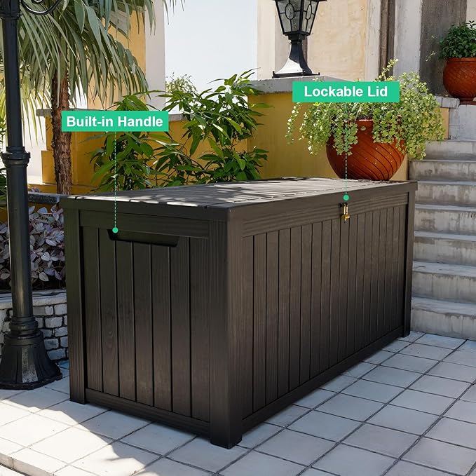 200 Gallon Outdoor Deck Box, Lockable Waterproof Outdoor Storage Boxes For Garden Tools,Indoor Cushions,Accessories Outside Storage Resin Weatherproof Container(Black) MAIUSCOLI