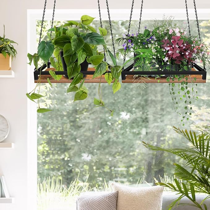 Plant Hanger Indoor, 16" Wooden Hanging Plant Holder with Metal Frame Large Hanging Planter for Indoor Plants Load 50LB Hanging Plant Shelf with 27.6" Long Chain, Ideal for Heavier Pots Window Ceiling Lilybud--lily