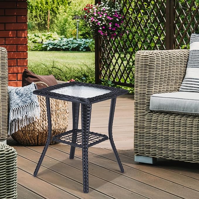 VINGLI Outdoor Side Table with Storage Wicker Patio Side Table, Tempered Glass Top End Table for Balcony Porch Deck (Black) VINGLI