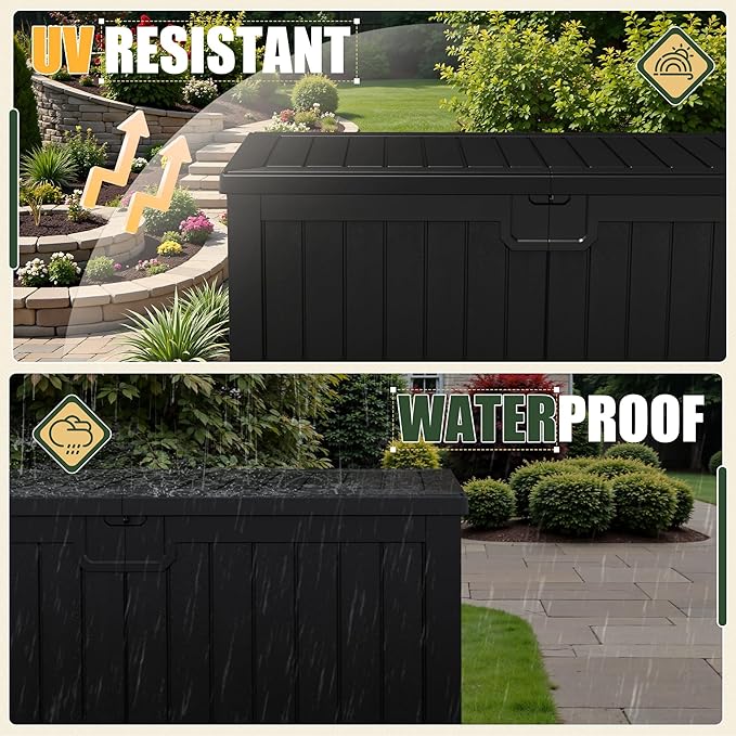 JUMMICO 250 Gallon Outdoor Resin Deck Box with Divider, Waterproof Storage Box with Lockable Lid&Side Handles for Garden Tools, Pools Supplies (Black) JUMMICO