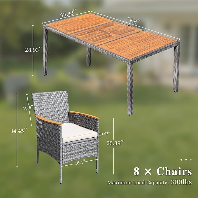 Devoko Outdoor Patio Dining Sets 9 Pieces Wicker Outdoor Dining Table and Chairs Set with Acacia Wood Table Top and Widened Armrests for Backyard, Garden, Deck (Grey) DEVOKO