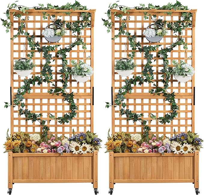 Yaheetech 72" H Garden Planter with Trellis for Vine Climbing Horticultural Plants, Yard Box Outdoor w/Drainage Holes, Garden Planter Bed for Flowers Herbs, Light Brown Yaheetech