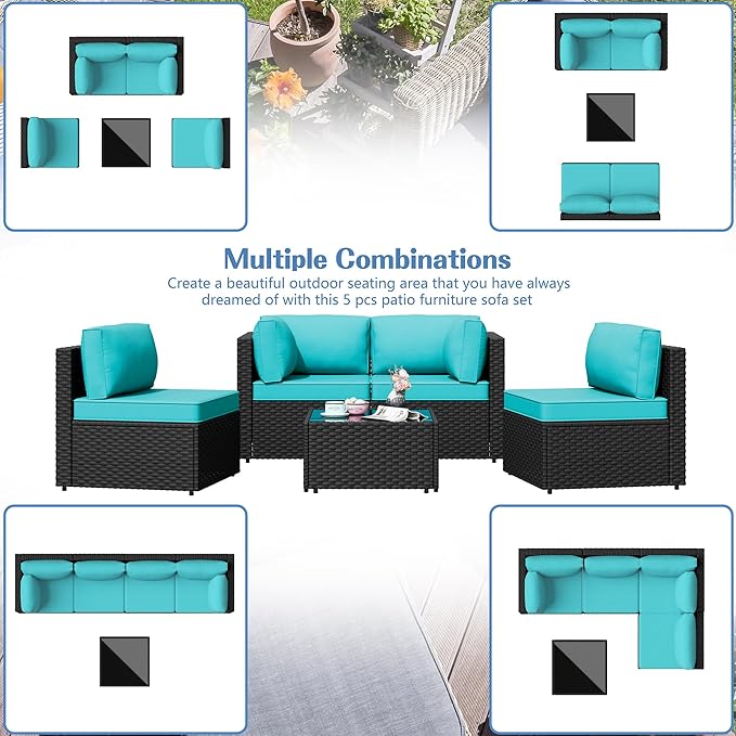 Shintenchi 5 Pieces Outdoor Patio Sectional Sofa Couch, Black PE Wicker Furniture Sets, Patio Conversation Sets with Washable Cushions Glass Coffee Table for Garden, Poolside, Backyard,Blue Shintenchi
