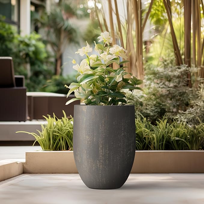 Kante Tall Concrete Planter, 21.7-Inch Height Antique Bronze Large Indoor Outdoor Plant Pot with Drainage Hole for Patio Garden Home, Modern Decor for Flowers and Tree Kante