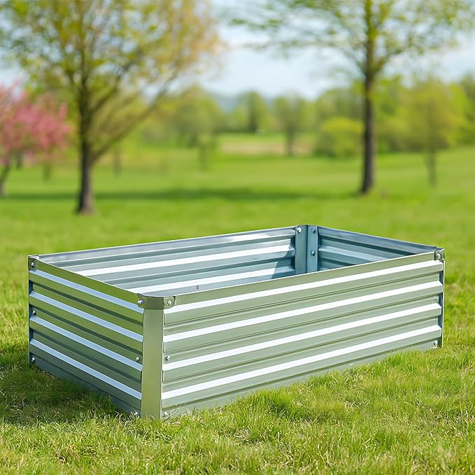2 Pack 4x2x1FT Galvanized Raised Garden Bed Kit, Outdoor Metal Planter Box for Vegetables, Bottomless Rectangular Gardening Bed with Support Rods, Tool-Free Assembly, Gray Meberam