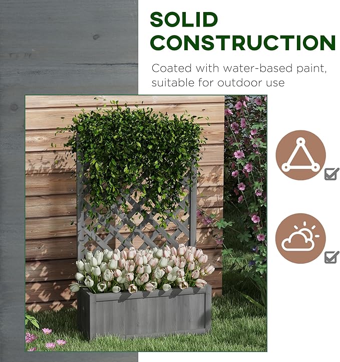 Outsunny Wooden Raised Garden Bed with Trellis, 46" Planter Box, to Grow Vegetables, Herbs, and Flowers for Backyard, Patio, Gray Outsunny