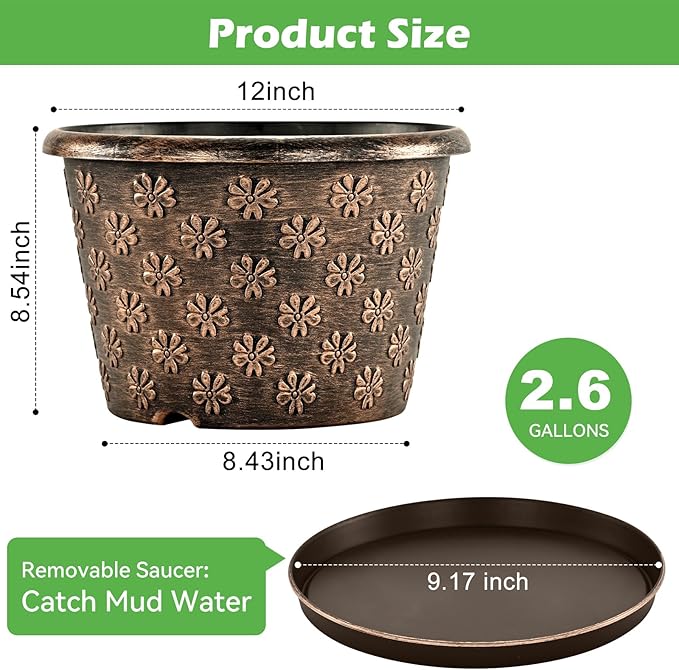 12 Inch Planter Pots for Plants, Plastic Large Flower Pots Indoor Outdoor, 4 Pack Resin Plant Pot with Drainage & Saucer, Retro Decorative Garden Pot with Removable Trays for House FlowyypoPlantPot