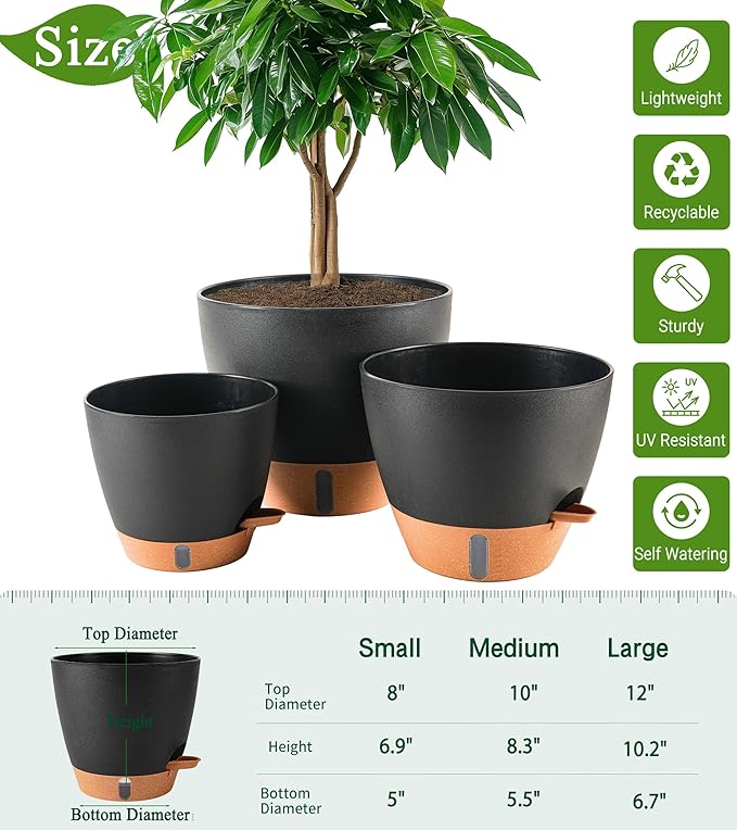 8/10/12 Inch Self Watering Pots for Indoor/Outdoor Plants - Large Plastic Planter with Drainage Holes, Water Level Indicator & Deep Reservoir, Modern Decorative Flower Pots (Black) Fielda