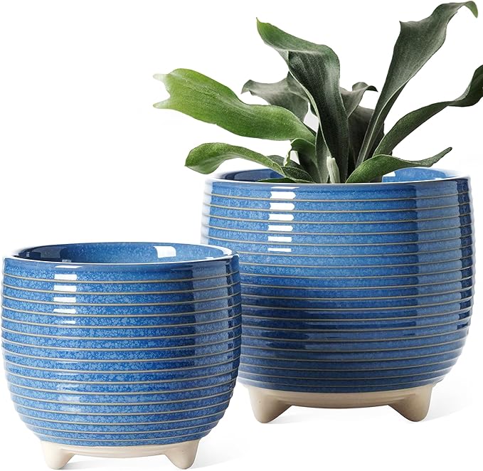 LE TAUCI Ceramic Plant Pots, 5.1 + 6.4 Inch Footed Pots for Plants, Modern Flower Pots for Home and Office, Indoor Planters with Drainage, Reactive Glaze Blue LETAUCI