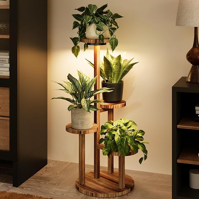 Bamworld Plant Stand Indoor with Grow Lights Plant Shelf 4 Tier Wood Plant Stand for Multiple Plants Tall Corner Plant Stands for Outdoor Round Flower Stand Plant Holder for Living Room Patio Garden Balcony Bamworld