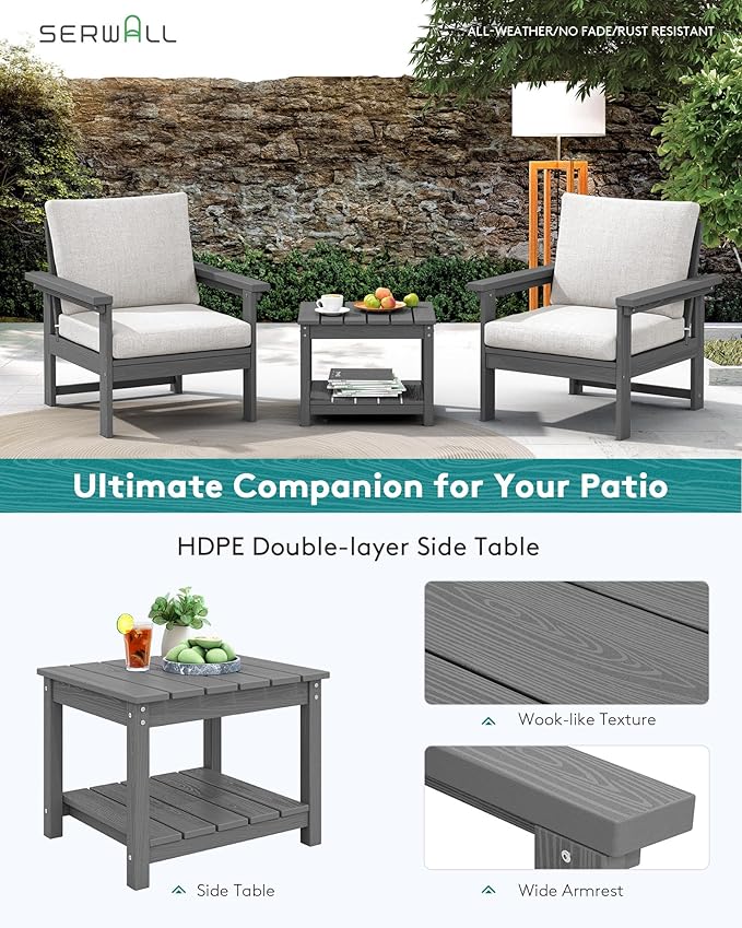 SERWALL HDPE Patio Sofa Set, 3-piece Sectional Outdoor Furniture Set, All Weather Outdoor Couch Set Patio Furniture Set for Deck, Lawn, Grey Frame with Khaki Cushion SERWALL