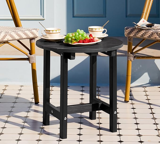 Y&M Outdoor Side Table, Waterproof Four-Legged Round Entryway End Table, Single-Tier HDPE Modern Small Coffee Nightstand for Bedroom, Living Room, Patio, Indoor or Outdoor Use, Black YM