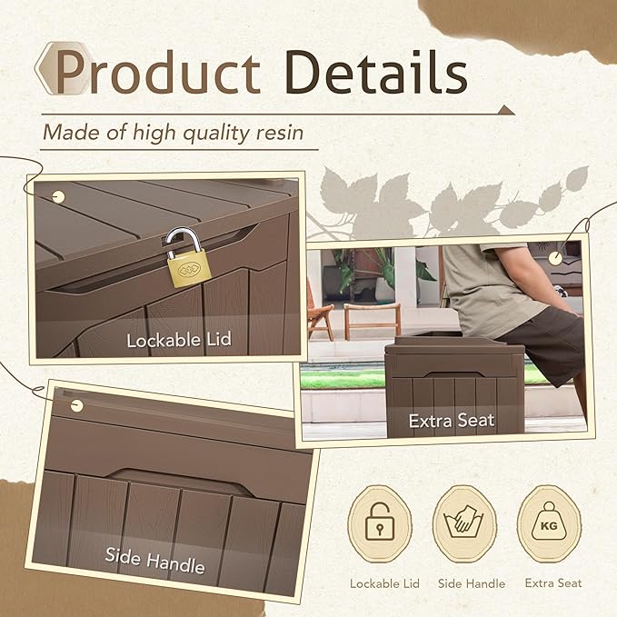 Flamaker Deck Box 31 Gallon Waterproof Resin Small Deck Box with Lid, Indoor Outdoor Package Delivery Box, Organization and Storage for Patio Furniture, Garden Tools, Outdoor Cushions (Deep Brown) Flamaker