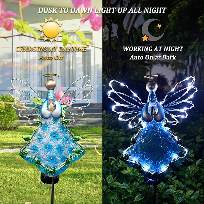 38Inch Angel Solar Lights Outdoor Decorative-Metal&Glass Angel Blue Hydrangea Flower Garden Stake- Waterproof 30 Warm White LED for Remembrance & Sympathy Gifts（Blue） COOZZYHOUR