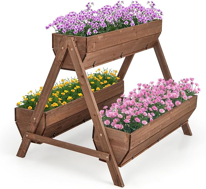 Giantex Vertical Raised Garden Bed, 3 Large Wood Planter Boxes for Flower Vegetable Fruit Herb, Freestanding Planter with Drain Holes, Elevated Raised Beds for Indoor Outdoor Lawn Patio Yard, Brown Giantex