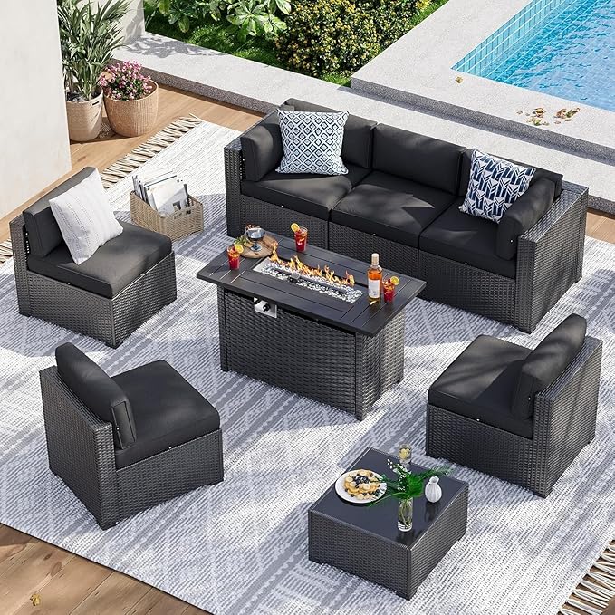 Aoxun 8 Piece Patio Furniture Set with 44” Fire Pit Table, Wicker Rattan Patio Sectional Sofa, Outdoor Furniture Set with Thickened Cushion, Black Aoxun