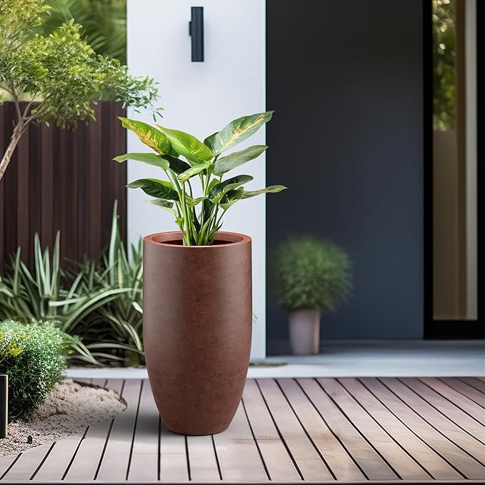 Kante 24 Inch Tall Round Concrete Planter, Large Indoor Outdoor Plant Pots with Drainage Hole and Rubber Plug, Modern Decorative Garden Pots for Home Patio Porch, Rusty Kante