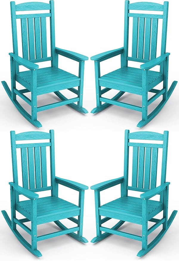 KINGYES HDPE Outdoor Rocking Chair Set of 4, All-Weather Poly Patio Rocking Chairs with 330lbs Support for Adults, Aruba Blue KINGYES