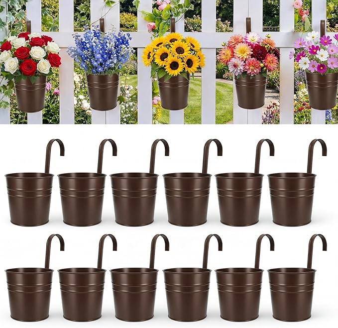 HowRU Hanging Flower Pots, Railing Planter Box for Outdoor Plants 12 Pack 5 Inch Metal Hanging Planters with Detachable Hooks Balcony Window Fence Garden Decoration Flower Boxes(Bronze(5in)) HowRU