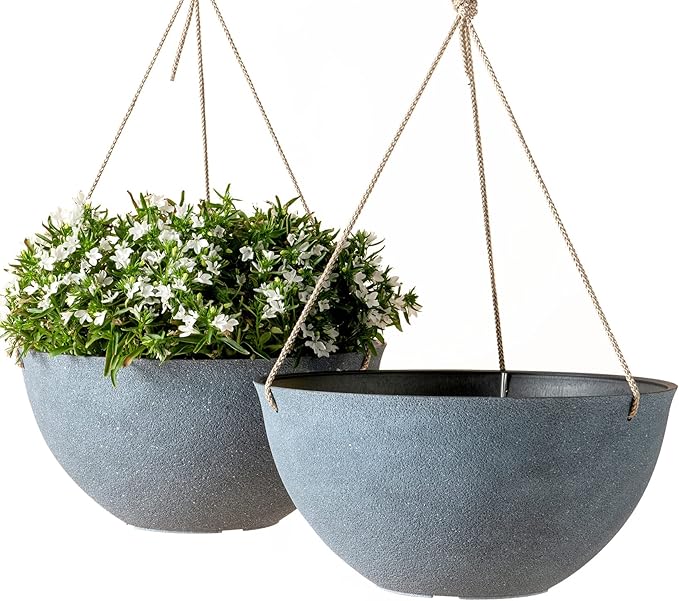 LA JOLIE MUSE Large Hanging Planters for Outdoor Plants - Hanging Flower Pots Weathered Gray (13.2 Inch, Set of 2) LaJol%C3%ADeMuse